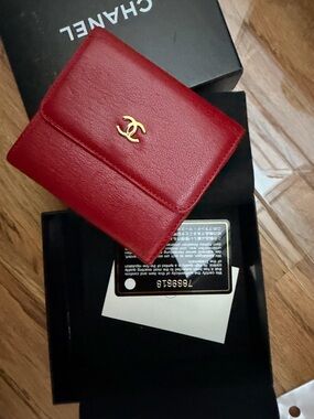 CHANEL Red Leather Wallet with Gold CC Emblem